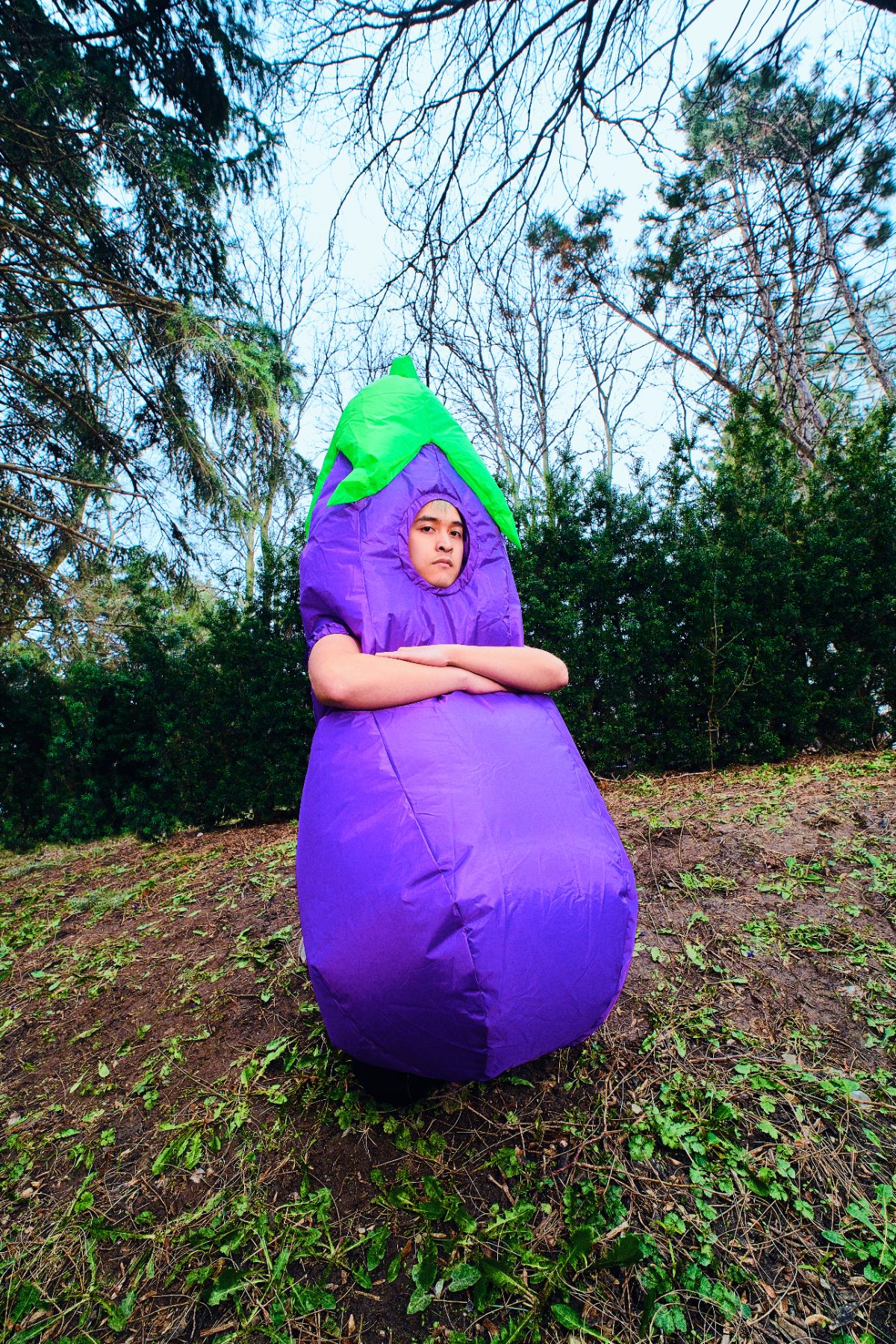 Matthew Noah Reyes in an inflatable eggplant costume
